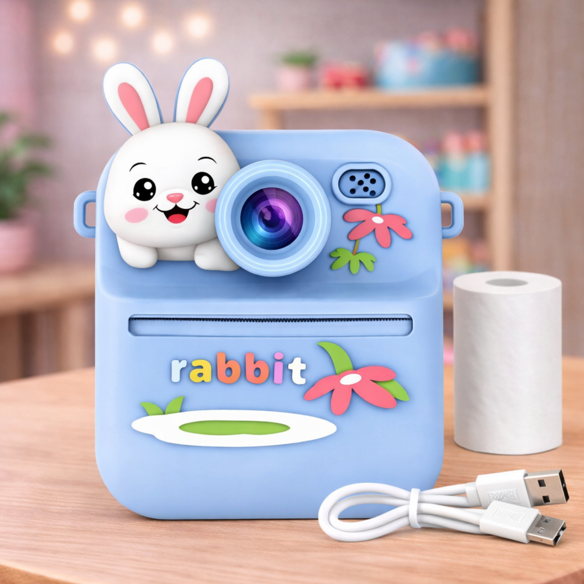 Blue bunny kids instant print camera with thermal paper roll and USB cable